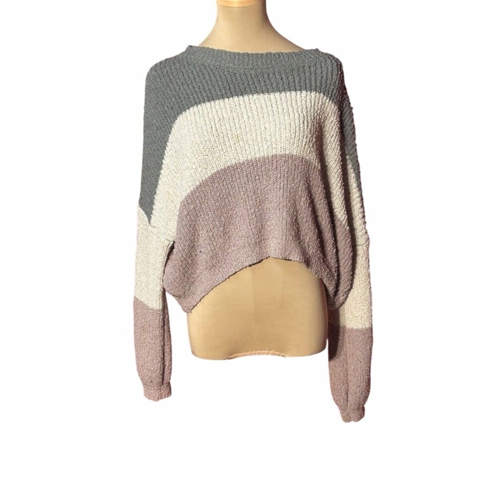 Debut Off the Shoulder Colorblock Sweater Gray Mauve Large